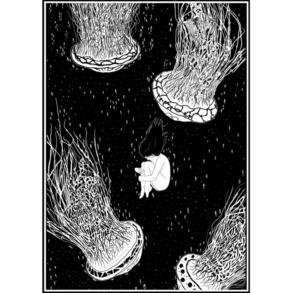 Jellyfish – Surreal Woman Floating with Jellyfish Illustration – Underwater Black and White Wall Art