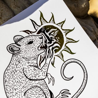 Luminous Hunger – Rat Eating the Sun Illustration – Gold Foil Limited Edition Small Black and White Art Print - Image 4