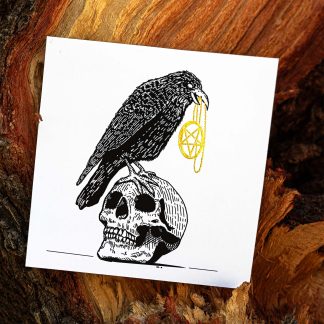Edgar's Gift – Raven with Skull and Pentagram Necklace Illustration – Gold Foil Limited Edition Black and White Art Print
