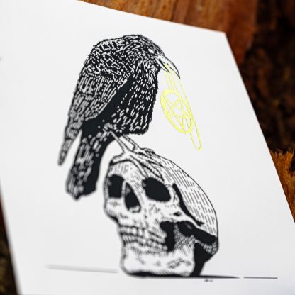 Edgar's Gift – Raven with Skull and Pentagram Necklace Illustration – Gold Foil Limited Edition Black and White Art Print - Image 3