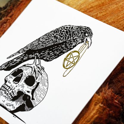 Edgar's Gift – Raven with Skull and Pentagram Necklace Illustration – Gold Foil Limited Edition Black and White Art Print - Image 2