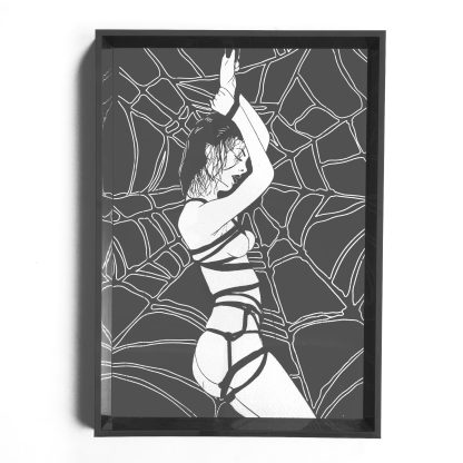 Forbidden Desire III - Lady in Web Bondage Illustration – Dark Surreal Black and White Erotic Silver Foil Wall Art - Image 5