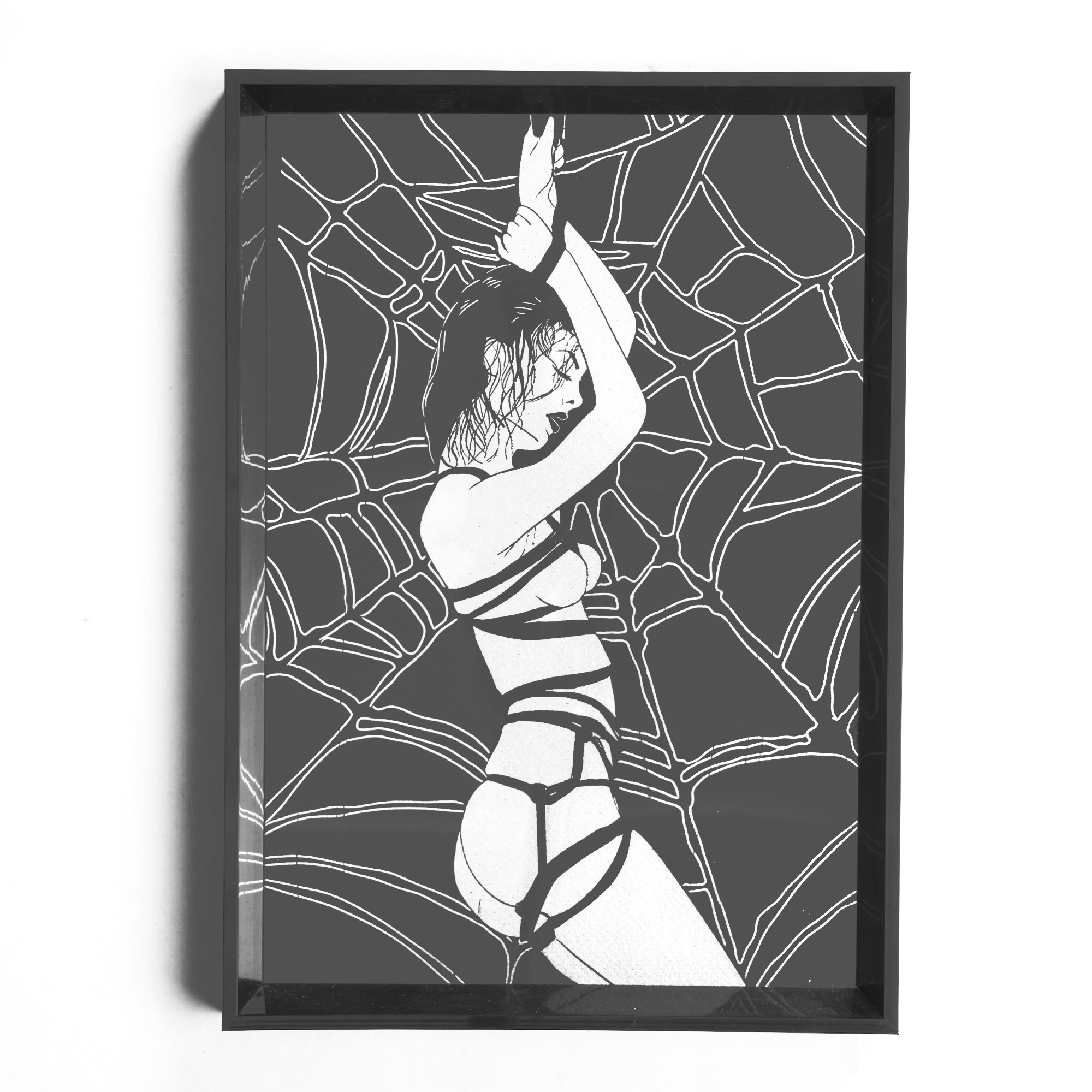 Forbidden Desire III - Lady in Web Bondage Illustration – Dark Surreal Black and White Erotic Silver Foil Wall Art - Image 5