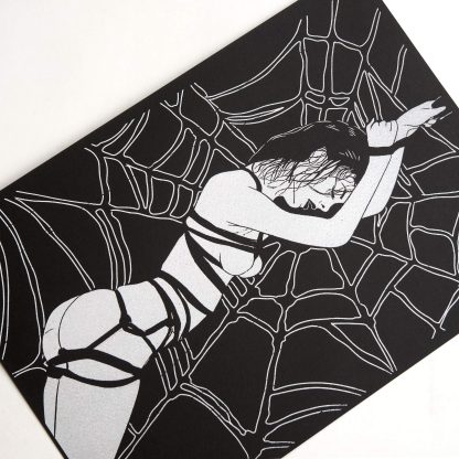 Forbidden Desire III - Lady in Web Bondage Illustration – Dark Surreal Black and White Erotic Silver Foil Wall Art - Image 4