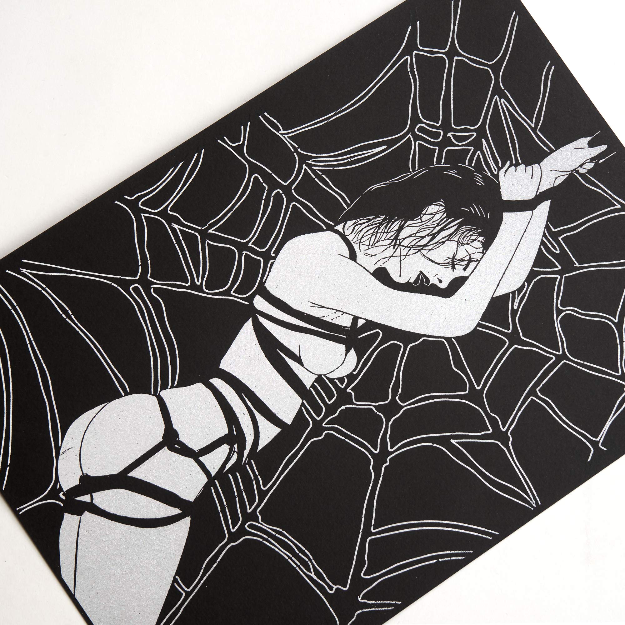 Forbidden Desire III - Lady in Web Bondage Illustration – Dark Surreal Black and White Erotic Silver Foil Wall Art - Image 4
