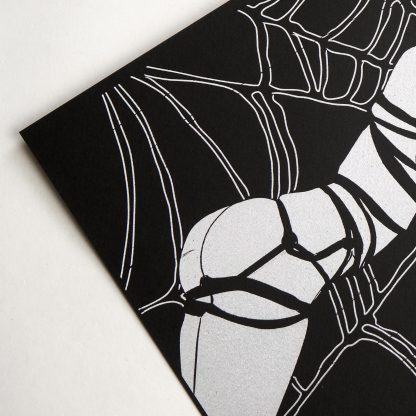 Forbidden Desire III - Lady in Web Bondage Illustration – Dark Surreal Black and White Erotic Silver Foil Wall Art - Image 3