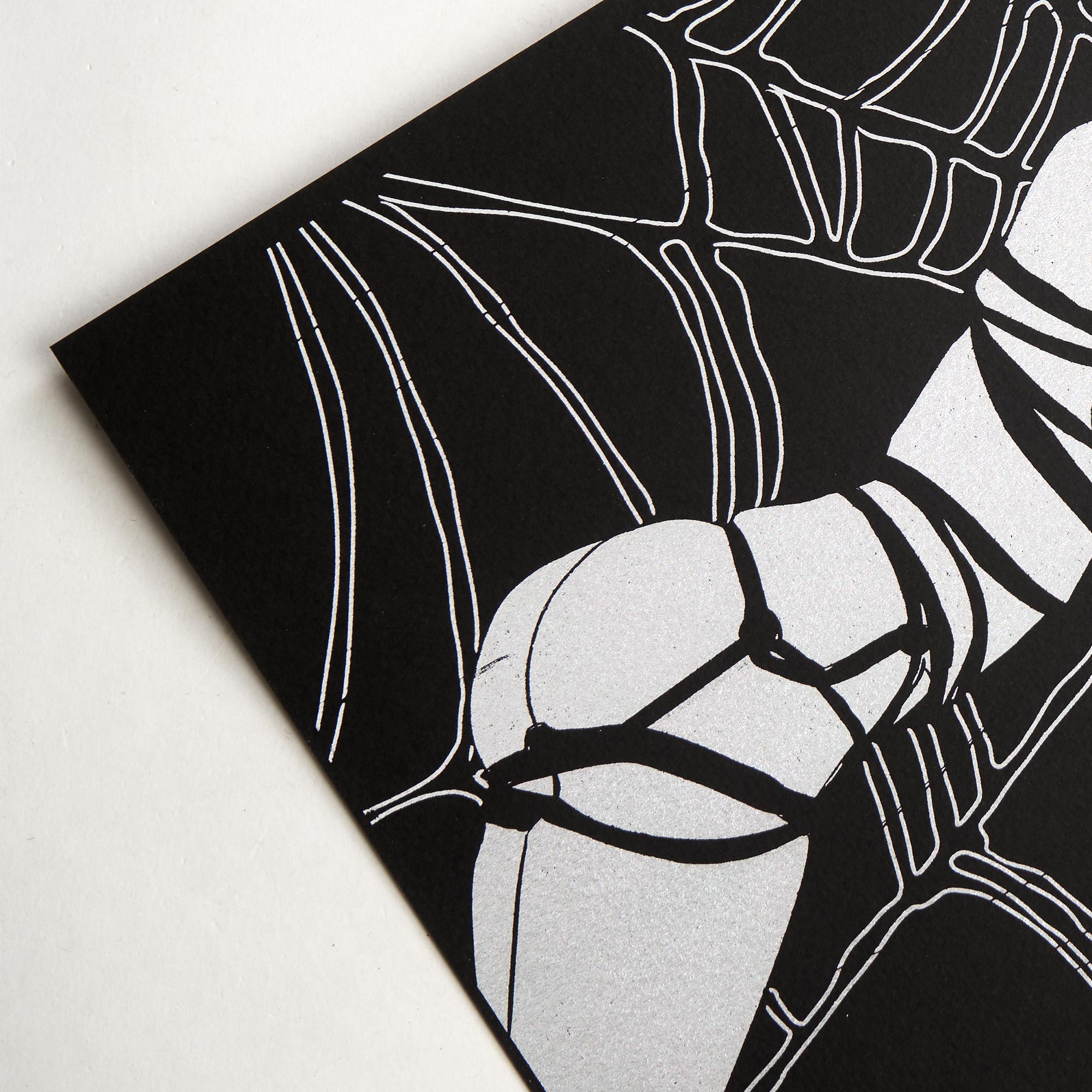 Forbidden Desire III - Lady in Web Bondage Illustration – Dark Surreal Black and White Erotic Silver Foil Wall Art - Image 3