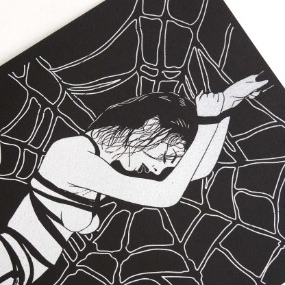 Forbidden Desire III - Lady in Web Bondage Illustration – Dark Surreal Black and White Erotic Silver Foil Wall Art - Image 2