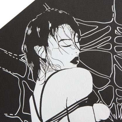 Forbidden Desire I - Lady in Web Bondage Illustration – Dark Surreal Black and White Erotic Silver Foil Wall Art - Image 6