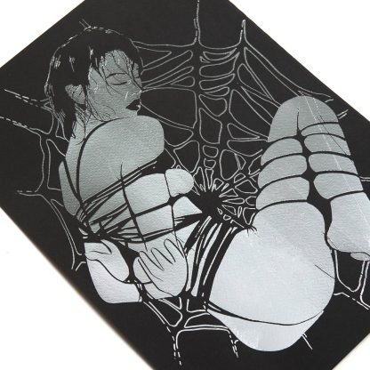 Forbidden Desire I - Lady in Web Bondage Illustration – Dark Surreal Black and White Erotic Silver Foil Wall Art - Image 5
