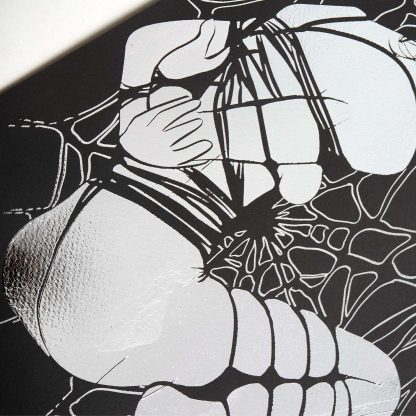 Forbidden Desire I - Lady in Web Bondage Illustration – Dark Surreal Black and White Erotic Silver Foil Wall Art - Image 2