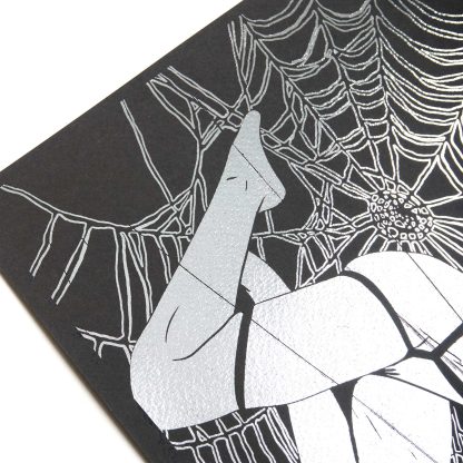 Forbidden Desire II – Lady in Web Bondage Illustration – Dark Surreal Black and White Erotic Silver Foil Wall Art - Image 2